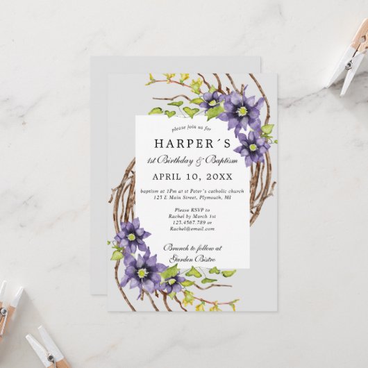 1. Geburtstag Taufe Frühlingsblumen und nackte Zwe Einladung (Vorderseite/Rückseite Beispiel)