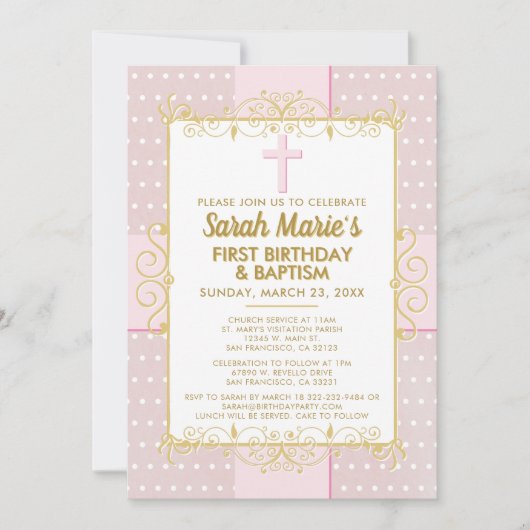 1. Geburtstag Taufe Pink Gold Text Polka Dot Einladung (Vorderseite)