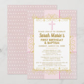 1. Geburtstag Taufe Pink Gold Text Polka Dot Einladung (Vorne/Hinten)