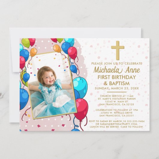 1. Geburtstag Taufe Rosa Gold Text Foto Cross Einladung (Vorderseite)