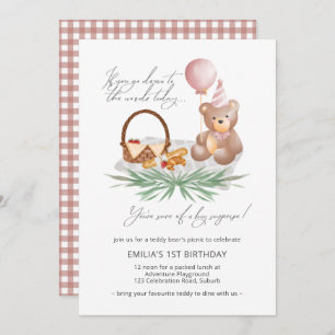 1. Geburtstag Teddy Bear Picnic Pink Karo Einladung
