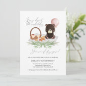 1. Geburtstag Teddy Bear Picnic Pink überprüft  Einladung (Stehend Vorderseite)