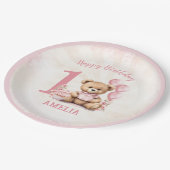 1. Geburtstag Teddy Bear Pink Balloons Papier Tell Pappteller (Schrägansicht)