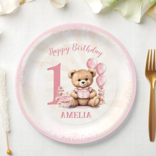 1. Geburtstag Teddy Bear Pink Balloons Papier Tell Pappteller