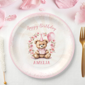 1. Geburtstag Teddy Bear Pink Roses Paper Teller