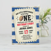 1. Geburtstag trägt Fußball-Karten-rustikales Blau Einladung (Stehend Vorderseite)