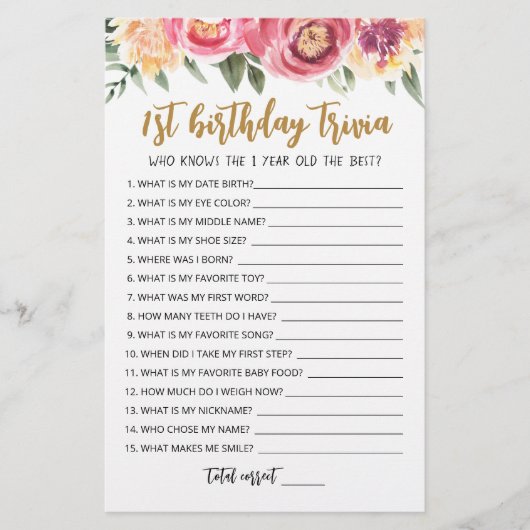 1. Geburtstag Trivia editierbares Spiel (Vorderseite)