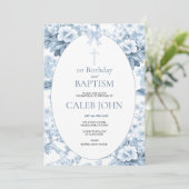 1. Geburtstag und Taufe für Boy Blue Toile Einladung (Stehend Vorderseite)