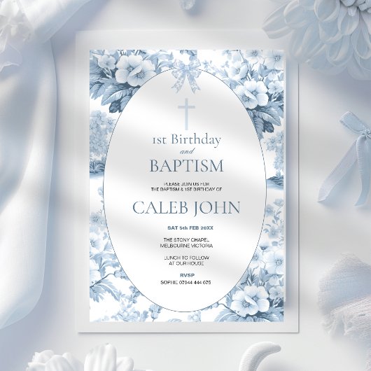 1. Geburtstag und Taufe für Boy Blue Toile Einladung