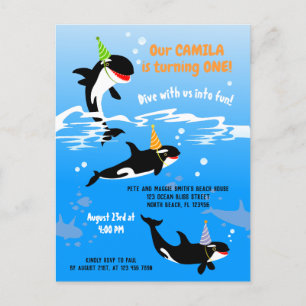 1. Geburtstag unter dem Meer Orca Wal Baby Mädchen Einladungspostkarte