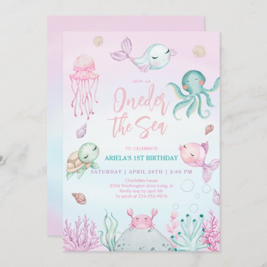 1. Geburtstag von Meerestieren Einladung (Vorne/Hinten)