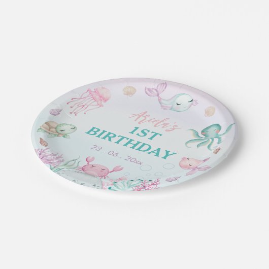 1. Geburtstag von Meerestieren Pappteller (Schrägansicht)