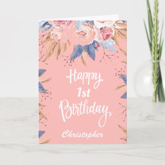 1. Geburtstag Wasserfarbe Botanisches Pink Floral Karte (Vorderseite)