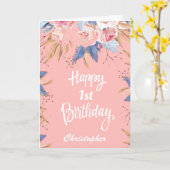 1. Geburtstag Wasserfarbe Botanisches Pink Floral Karte (Gelbe Blume)