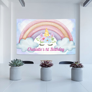 1. Geburtstag Wasserfarbe Floral Einhorn Party Banner