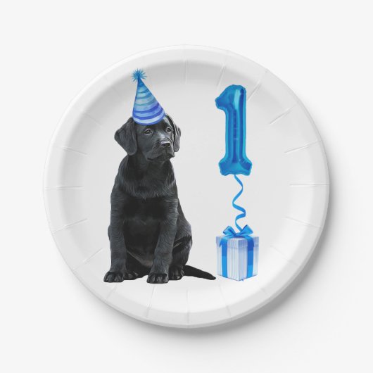 1. Geburtstag Welpenthema - Niedlicher Hund Blue P Pappteller (Vorderseite)