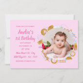 1. Geburtstag - Zartes Foto und Rosa Einladung (Vorderseite)