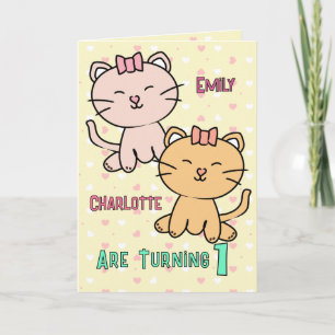1. Geburtstag Zwillingsmädchen Süße Katze Cartoon Karte