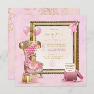 1. Geburtstags-Baby-Prinzessin Throne Gold Pink Einladung