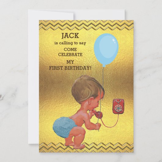 1. Geburtstags-Baby-Telefon-Ballon-Goldsparren Einladung (Vorderseite)
