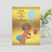1. Geburtstags-Baby-Telefon-Ballon-Goldsparren Einladung (Stehend Vorderseite)