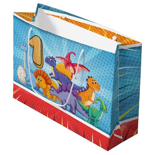 1. Geburtstags-Dinosaurier-Party Große Geschenktüte (Vorderseite Schrägansicht)