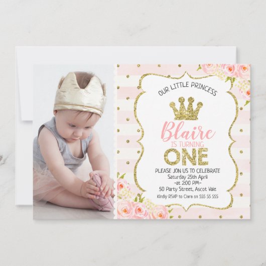1. Geburtstags-Einladung Foto-Prinzessin-Crown Einladung (Vorderseite)
