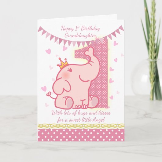 1. Geburtstags-Enkelin, rosa Elefant-Karte Karte (Vorderseite)