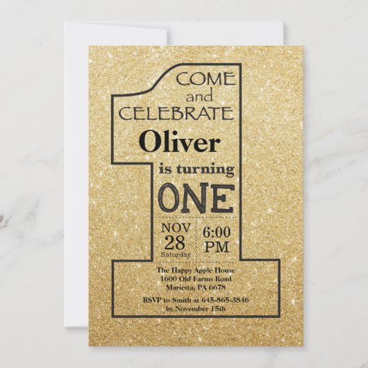 1. Geburtstags-GoldGlitzer und schwarze Einladung (Vorderseite)