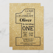 1. Geburtstags-GoldGlitzer und schwarze Einladung (Vorne/Hinten)