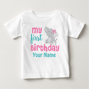 1. Geburtstags-Mädchen-Elefant-Rosa personalisiert Baby T-shirt