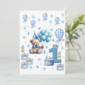 1. Geburtstags-Teddybär Blau Einladung (Stehend Vorderseite)