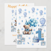 1. Geburtstags-Teddybär Blau Einladung (Vorne/Hinten)
