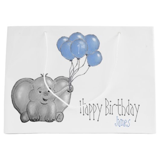 1. Geburtstagselefant mit blauem Ballon Große Geschenktüte (Vorderseite)