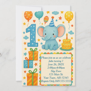 1. Geburtstagselephant, Balloons, Kuchen, Geschenk Einladung