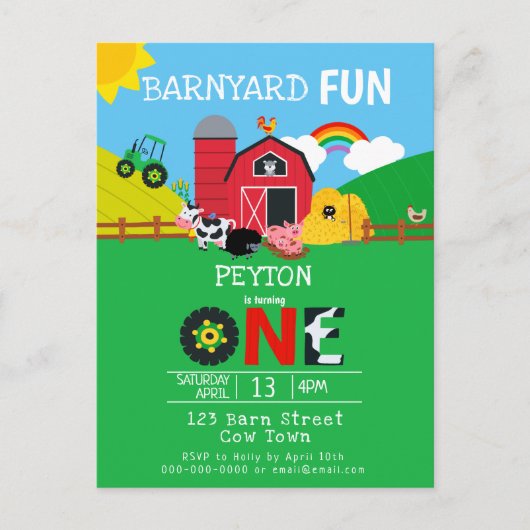 1. Geburtstagsfarm Animes Barnyard Spaß Kinder Nie Einladungspostkarte (Vorderseite)