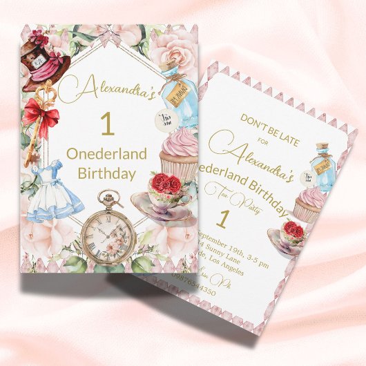 1. Geburtstagsfeier Alice im Wunderland Rosa Bläse Einladung