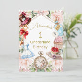 1. Geburtstagsfeier Alice im Wunderland Rosa Bläse Einladung (Stehend Vorderseite)