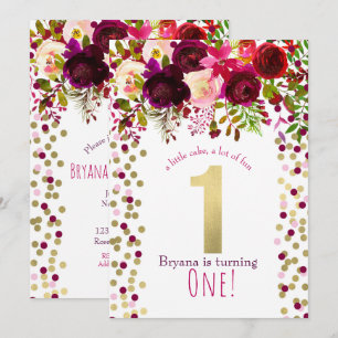 1. Geburtstagsfeier Gold Burgund Dicke Blumen Einladung