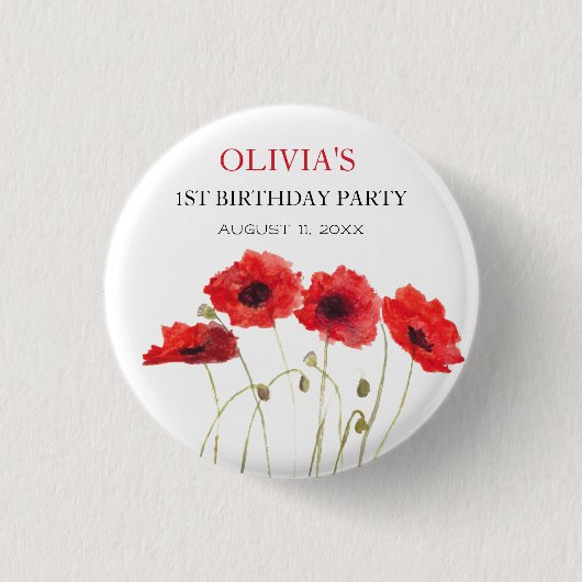 1. Geburtstagsfeier Mohnblumen Baby Mädchen Button (Vorderseite)
