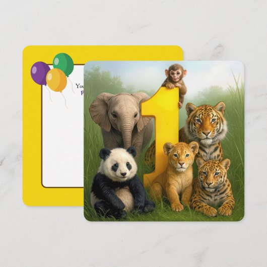 1. Geburtstagsfeier Wildtier-Babys Einladung (Vorne/Hinten)