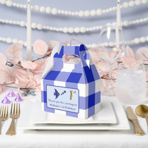 1. Geburtstagsfoto Blaues Gingham Fisch Goldfolie Geschenkschachtel