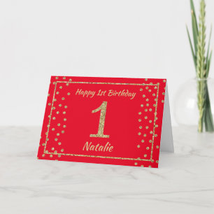 1. Geburtstagskarte mit rotem und goldenem Glitter Karte