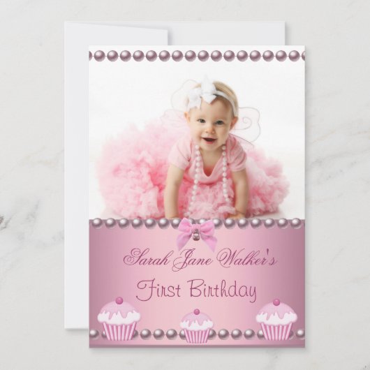 1. Geburtstagskind Pink Cupcakes Baby Einladung (Vorderseite)