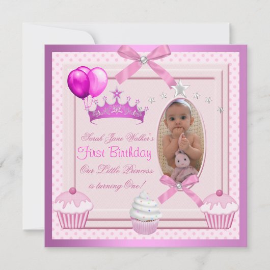 1. Geburtstagskind Pink Cupcakes White Pearl Baby Einladung (Vorderseite)