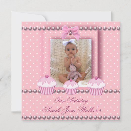 1. Geburtstagskind Pink Cupcakes White Pearl Baby Einladung (Vorderseite)