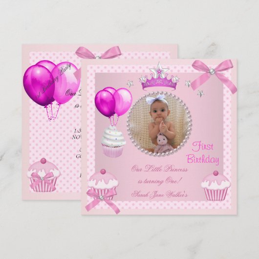1. Geburtstagskind Pink Cupcakes White Pearl Baby Einladung (Vorne/Hinten)