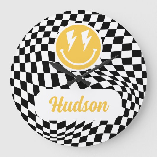 1. Geburtstagslächeln Gesicht Retro Schwarz-weiß G Große Wanduhr (Vorderseite)