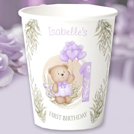 1. Geburtstagsmädchen Niedlich Teddy Bär Lila Pappbecher