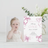 1. Geburtstagsmädchen Pink Bow Extravagant 1 Niedl Einladung (Stehend Vorderseite)